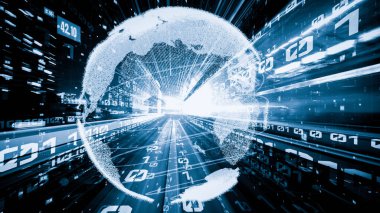 Fütürist küresel ağ ve dijital veri transferi 3D grafik. Yeni bilgi çağındaki küresel eğilimleri değiştiren akıllı dijital dönüşüm ve teknoloji bozulması kavramı .