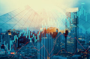 Financial graphs and digital indicators overlap with modernistic urban area, skyscrabber for stock market business concept. Double exposure.