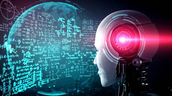 Hominoid Robot Looking Hologram Screen Concept Math Calculation Scientific Equation — Stock Photo, Image