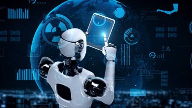 Futuristic robot artificial intelligence huminoid AI for industrial factory technology development and machine learning concept. robotic bionic science research for future of human life. 3D rendering.
