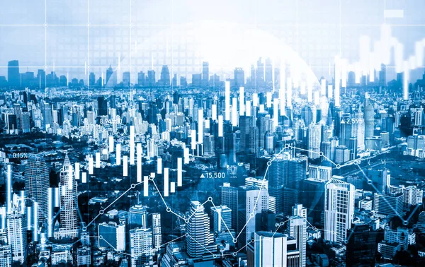 Financial Graphs Digital Indicators Overlap Modernistic Urban Area Skyscrabber Stock — Stockfoto