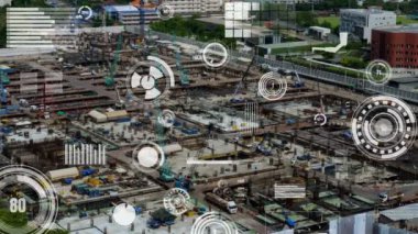 Otomasyon konseptini ve uzaktan kablosuz makine kontrolünü gösteren bir bilgisayar yazılımında fütüristik HUD kullanarak inşaat teknolojisi konsepti üzerinde değişiklik grafiği içeren konsept .