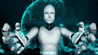 Futuristic robot artificial intelligence huminoid AI programming coding technology development and machine learning concept. Robotic bionic science research for future of human life. 3D rendering.