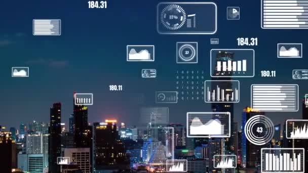 Interfaz Analítica Datos Empresariales Sobrevuela Ciudad Inteligente Mostrando Alteración Del — Vídeo de stock