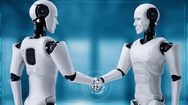 Rendering Hominoid Robot Handshake Collaborate Future Technology Development Thinking Brain — Stok video