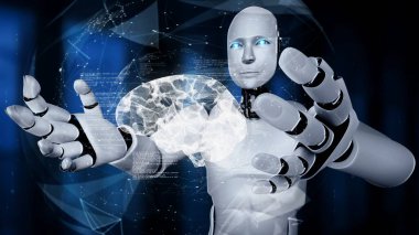 AI hominoid robot holding virtual hologram screen showing concept of AI brain and artificial intelligence thinking by machine learning process. 3D rendering.