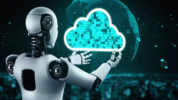 AI robot huminoid uses cloud computing technology to store data on online server . Futuristic concept of cloud information storage analyzed by machine learning process . 3D rendering .