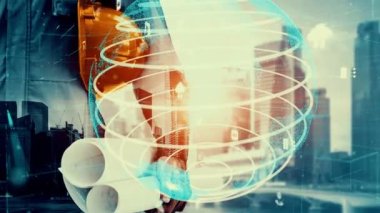 Gelecekteki bina inşaatı ve HUD hologram grafik tasarımı ile yaratıcı mühendislik projesi konsepti. İnşaat mühendisi, mimar ya da inşaat işçisi modern sivil teknoloji ile çalışıyor..