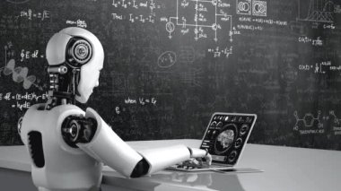Robot hominoidler dizüstü bilgisayar kullanırlar ve 4. Endüstriyel Devrim için yapay zeka ve makine öğrenme yöntemlerini kullanarak mühendislik bilimi çalışmak için masaya otururlar. 3B görüntüleme