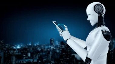 Futuristic robot artificial intelligence huminoid AI programming coding technology development and machine learning concept. Robotic bionic science research for future of human life. 3D rendering.