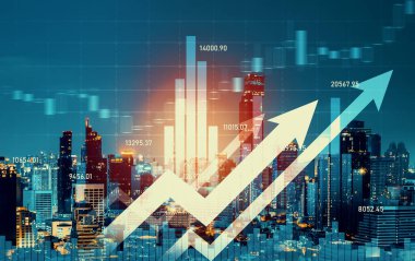 Stock market business concept. Financial graphs and digital indicators with modernistic urban area and skyscrapers as background. Double Exposure.