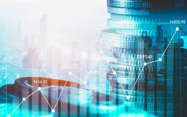 Finans ve para teknolojisi iş refahı ve varlık yönetimi kavramı. Yaratıcı grafik, refah karı elde etmek için değerli varlıklara yatırım yaparak ekonomi ve mali büyümeyi gösteriyor .
