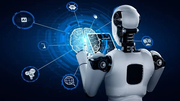 Robot hominoid using tablet computer in concept of AI thinking brain , artificial intelligence and machine learning process for the 4th fourth industrial revolution . 3D rendering.