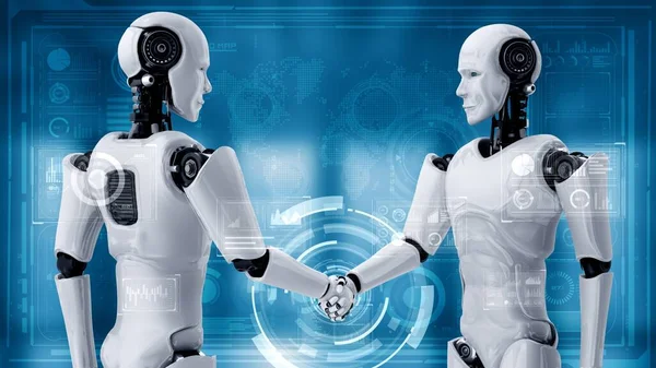 Rendering Hominoid Robot Handshake Collaborate Future Technology Development Thinking Brain — Stock Photo, Image
