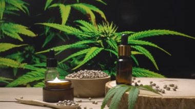 Doğal cilt bakım ürünü. Esrar laboratuarında üretiliyor. CBD yağı, kenevir tohumu ve kenevir bitkisi bahçeli masada nemlendirici krema kavanozu ürünü. Kopyalama alanı