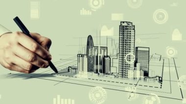 Şehir sivil planlama ve yaratıcı gayrimenkul geliştirme. Yaratıcı şehir binası tasarlamak için soyut şehir çizimine bakan mimar insanlar. Mimarlık hayali ve hırs konsepti.