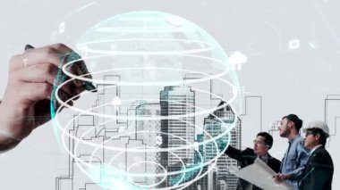 Şehir sivil planlama ve yaratıcı gayrimenkul geliştirme. Yaratıcı şehir binası tasarlamak için soyut şehir çizimine bakan mimar insanlar. Mimarlık hayali ve hırs konsepti.