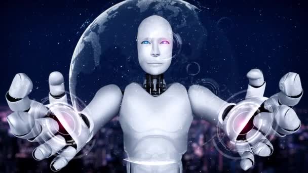 Hominoid Robot Holding Virtual Hologram Screen Showing Concept Big Data — Stock video