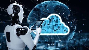 AI robot huminoid uses cloud computing technology to store data on online server . Futuristic concept of cloud information storage analyzed by machine learning process . 3D rendering .