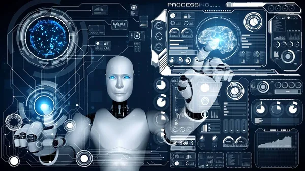 Hominoid Robot Touching Virtual Hologram Screen Showing Concept Big Data — Stockfoto