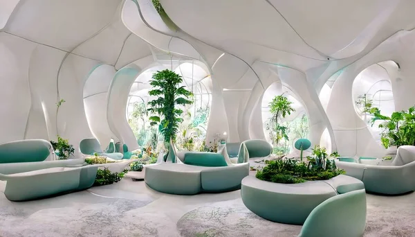 Futuristic indoor botanical garden spectacular design 3D illustration with summer floral and foliage