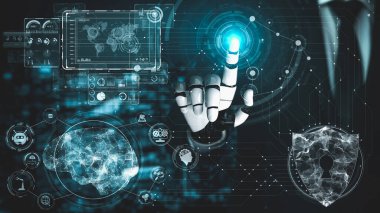 Gelecekçi robot yapay zeka yapay zeka yapay zekayı aydınlatıyor ve makine öğrenme kavramını geliştiriyor. İnsan hayatının geleceği için küresel robot biyonik bilim araştırması. 3B görüntüleme grafiği.