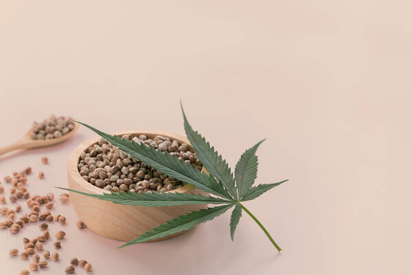 Семена конопли с зеленым листком конопли сативы сверху. Легализованная марихуана. Пустой фон для копирайта.