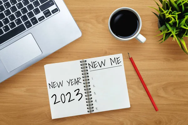 stock image 2023 Happy New Year Resolution Goal List and Plans Setting - Business office desk with notebook written about plan listing of new year goals and resolutions setting. Change and determination concept.