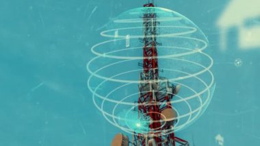 Dünya çapında internet ağı bağlantıları kavramında küresel iş değişikliğinin ve mavi gökyüzüne karşı e-ticaretin 3 boyutlu grafiğine sahip telekomünikasyon kulesi .