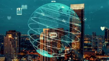 Akıllı şehirde küresel bağlantı ve internet ağı değişikliği. Gelecekteki kablosuz dijital bağlantı ve sosyal medya ağı kavramı .
