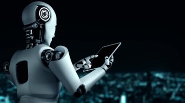 Future financial technology controll by AI robot huminoid uses machine learning and artificial intelligence to analyze business data and give advice on investment and trading decision . 3D rendering .