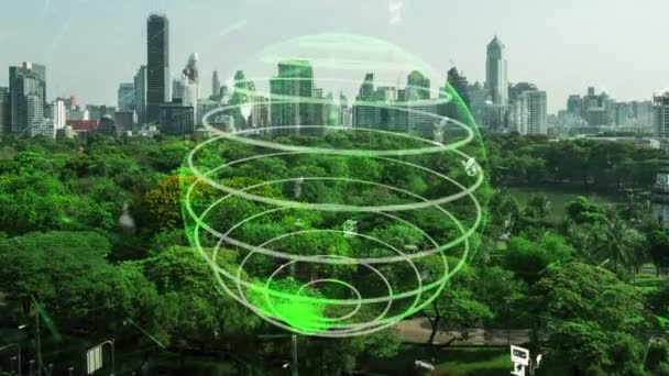 Tecnología Verde Ciudad Desplaza Hacia Concepto Alteración Sostenible Mediante Energía — Vídeo de stock