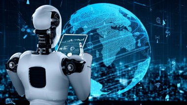 Internet connection controlled by AI robot huminoid and machine learning process to analyze data connectivity and cyber security . 3D rendering .