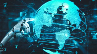 Gelecekçi robot yapay zeka yapay zeka yapay zekayı aydınlatıyor ve makine öğrenme kavramını geliştiriyor. İnsan hayatının geleceği için küresel robot biyonik bilim araştırması. 3B görüntüleme grafiği.