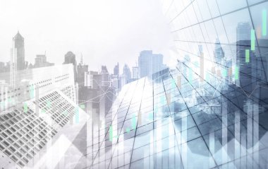 Financial graphs and digital indicators overlap with modernistic urban area, skyscrabber for stock market business concept. Double exposure.