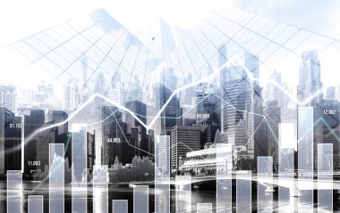 Stock market business concept. Financial graphs and digital indicators with modernistic urban area and skyscrapers as background. Double Exposure.