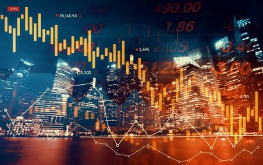 Economic crisis concept shown by declining graphs and digital indicators overlap modernistic city background. Double exposure.