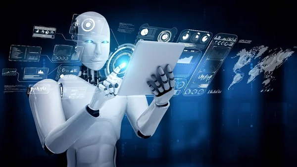 Robot hominoid using tablet computer for big data analytic using AI thinking brain , artificial intelligence and machine learning process for the 4th fourth industrial revolution . 3D rendering.