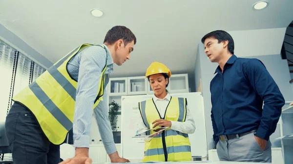 Engineers Competent Employer Discussing Plans Blueprints Together Tablet Office Concept — Fotografia de Stock