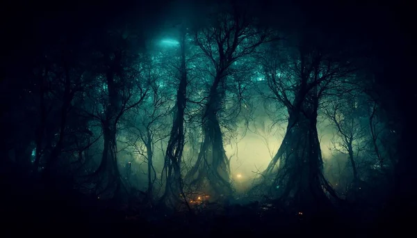 Dark scary forest cursed by witch spell spectacular 3D illustration for ghost and halloween black magic scene