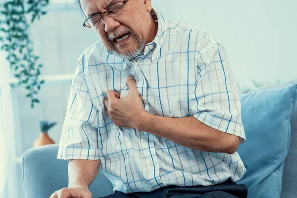 Agonizing Senior Man Suffering Chest Pain Heart Attack Alone His — Stock Photo, Image