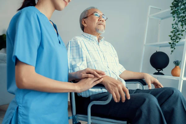 Caring Nurse Contented Senior Man Wheel Chair Home Nursing House — Fotografia de Stock