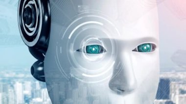 Robot hominoid face close up with graphic concept of big data analytic by AI thinking brain, artificial intelligence and machine learning process for the 4th fourth industrial revolution. 3D rendering