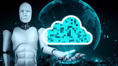 AI robot huminoid uses cloud computing technology to store data on online server . Futuristic concept of cloud information storage analyzed by machine learning process . 3D rendering .