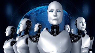 3D rendering of robot hominoid group in concept of future artificial intelligence and 4th fourth industrial revolution .
