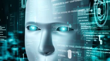 Futuristic robot artificial intelligence huminoid AI programming coding technology development and machine learning concept. Robotic bionic science research for future of human life. 3D rendering.