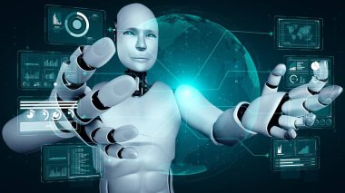 AI hominoid robot holding virtual hologram screen showing concept of big data analytic using artificial intelligence thinking by machine learning process. 3D rendering.
