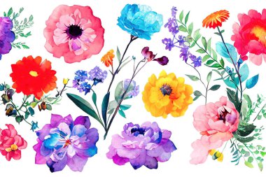 Çiçek buketi, suluboya sanat eserleri dizaynı. Bahar ve yaz çiçekleri elle çizilmiş suluboya tarzında. Dijital sanat 3D illüstrasyon.