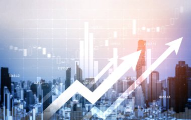 Financial graphs and digital indicators overlap with modernistic urban area, skyscrabber for stock market business concept. Double exposure.