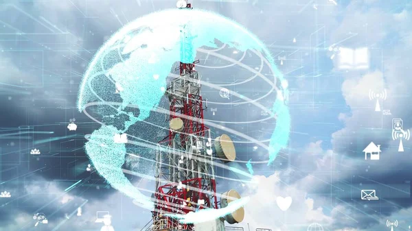 Telekomunikační Věž Grafikou Globální Obchodní Přestavby Commerce Proti Modré Obloze — Stock fotografie